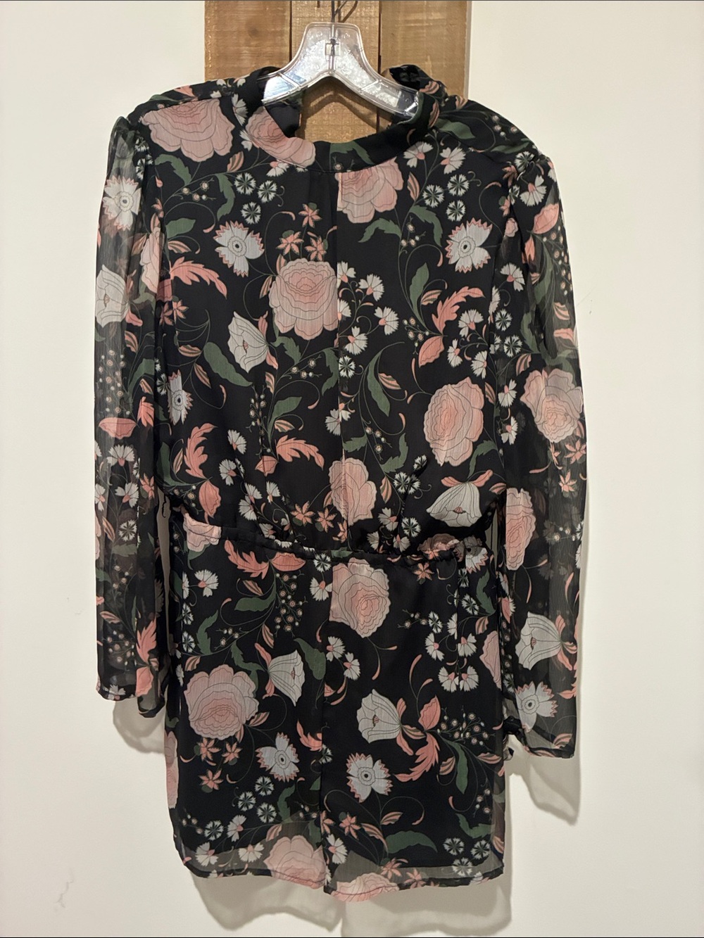 BB Dakota Black Floral Long-Sleeve Dress with Pink and Green Accents